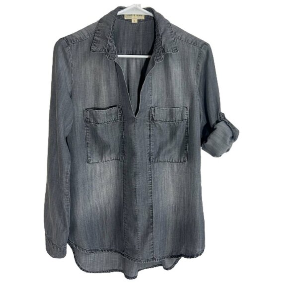 Anthropologie Cloth & Stone Chambray Gray Tencel Button Down Shirt Small - Picture 7 of 9